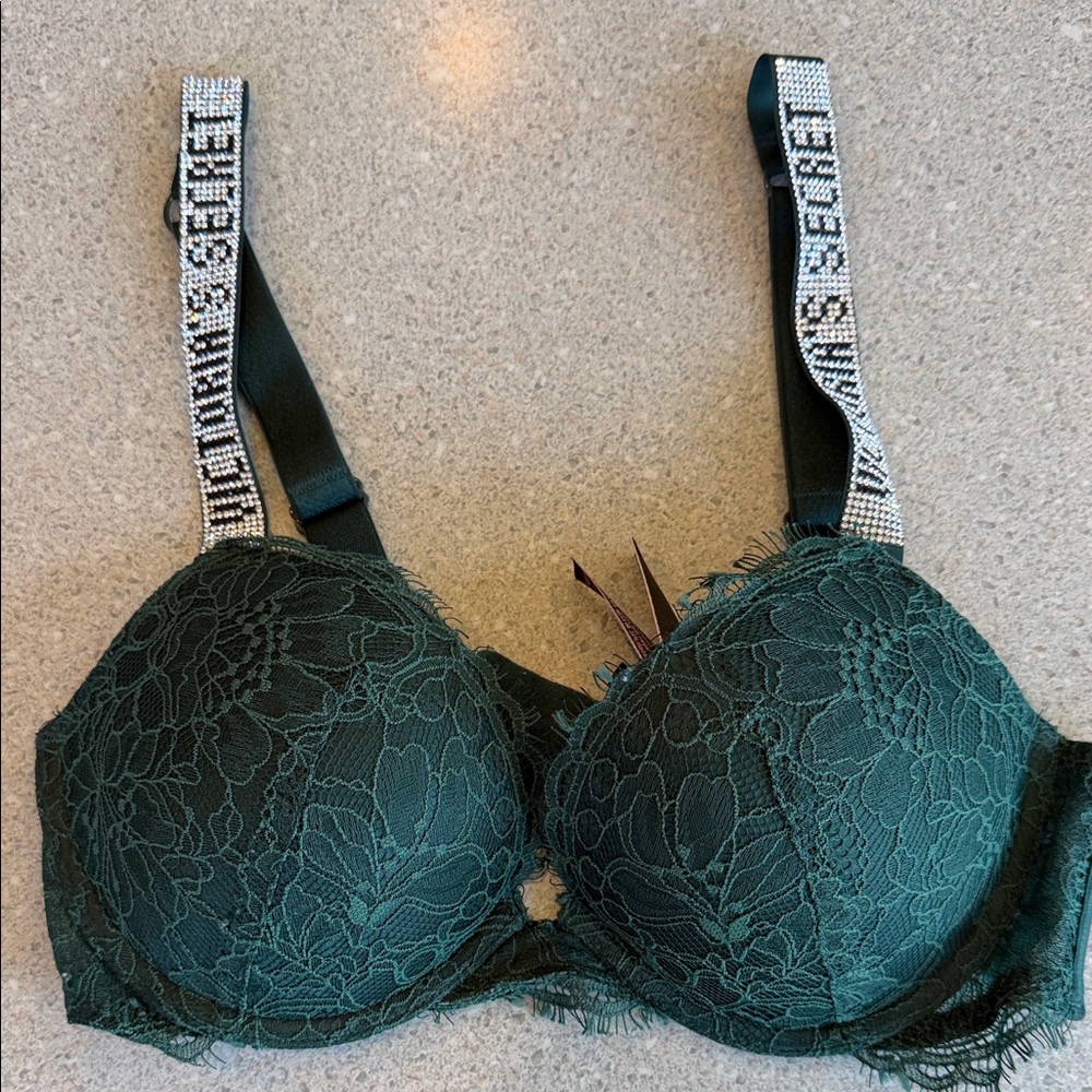 Victoria's Secret Dark Green Lace Push-Up Bra with Rhinestone Logo Straps 34B